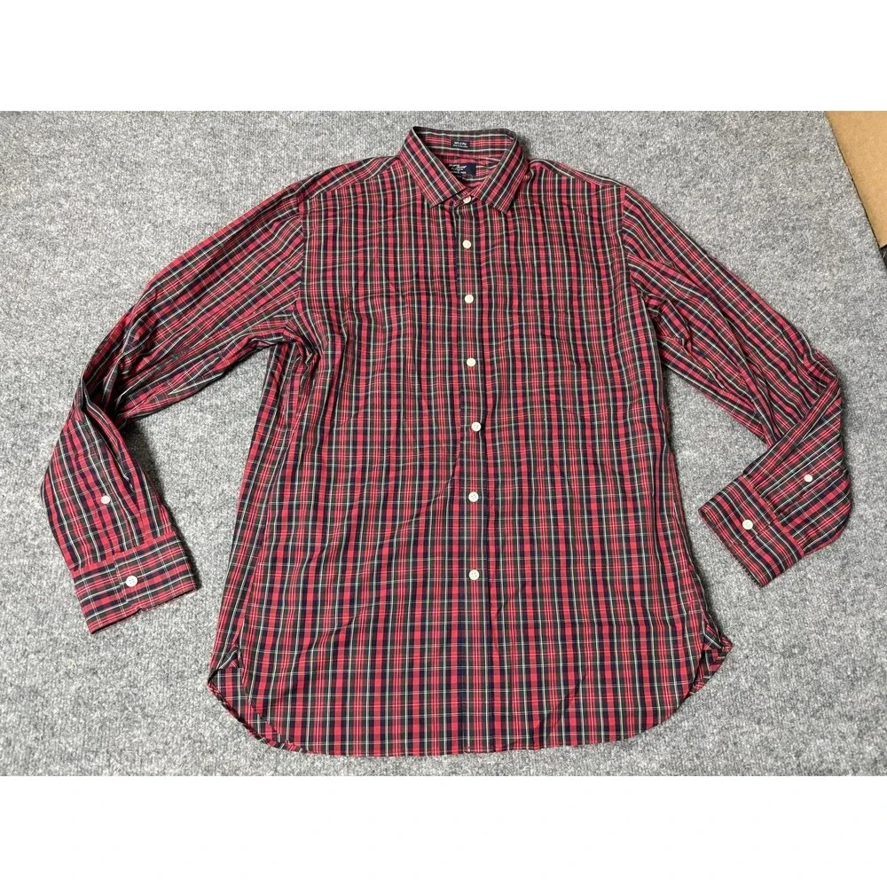J.CREW Shirt Mens L Red Plaid Long Sleeve Wrinkle Free Button-Down Casual Cotton